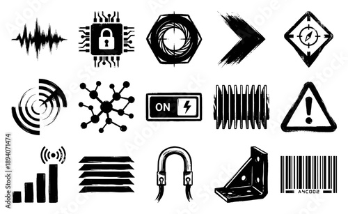 Grungy Linocut Industrial Technology Asset Sheet for Cyberpunk Hardware and Engineering Graphics
