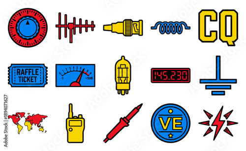 Flat Vector Amateur Ham Radio Equipment Icon Set for Communication and Hobby Electronics Element Kit