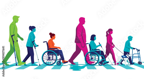 Diverse group of people with disabilities and mobility aids illustrated in colorful gradient silhouettes promoting inclusivity and accessibility