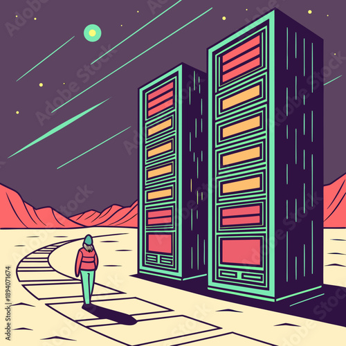 AI Archive World Landscape with Infinite Data Towers