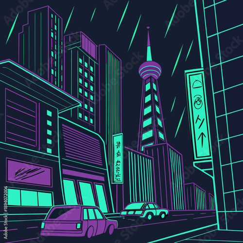 Cyberpunk Night Landscape with Hologram Sky Advertisement, Urban Future