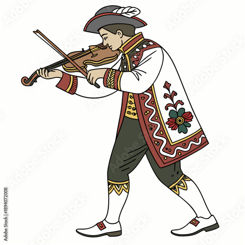 Traditional folk musician playing violin in ornate costume