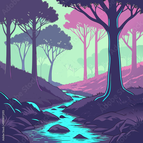 Cyber Valley with Holographic Trees and Neon River, Digital Landscape