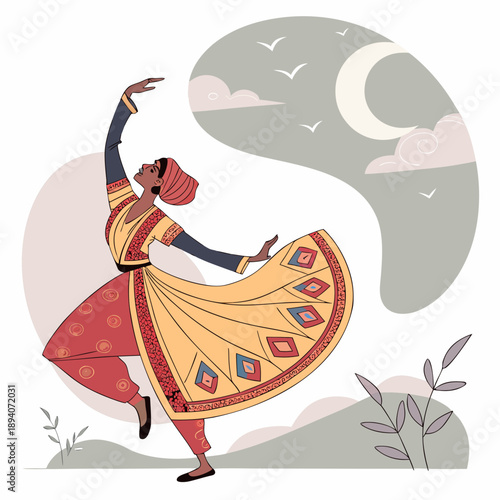 Traditional indian folk dancer in yellow and red outfit dancing under moonlight