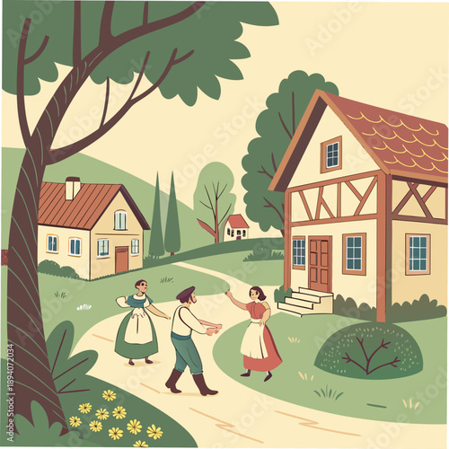 Village folk dancing on a path between houses traditional