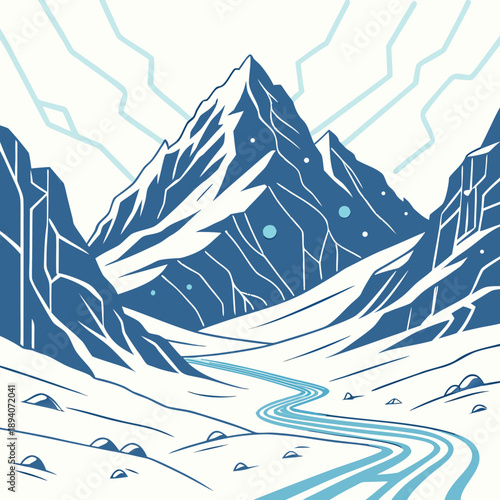 Digital Ice Mountains with Glowing Circuit Veins, Cold Sci-Fi Landscape