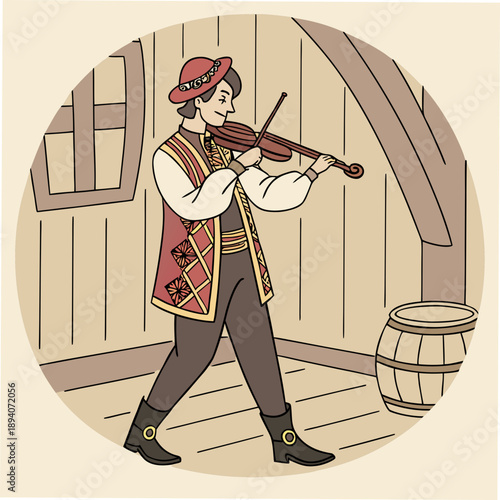 Traditional folk musician playing violin in rustic setting