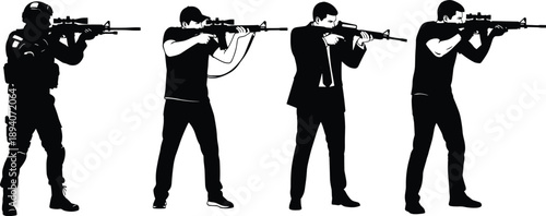 Armed shooter silhouette lineup illustrating men aiming rifles in tactical and civilian stances for security, defense, and combat training concepts
