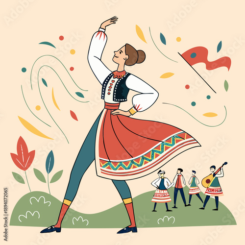 Woman in traditional dress dancing with musicians dancer
