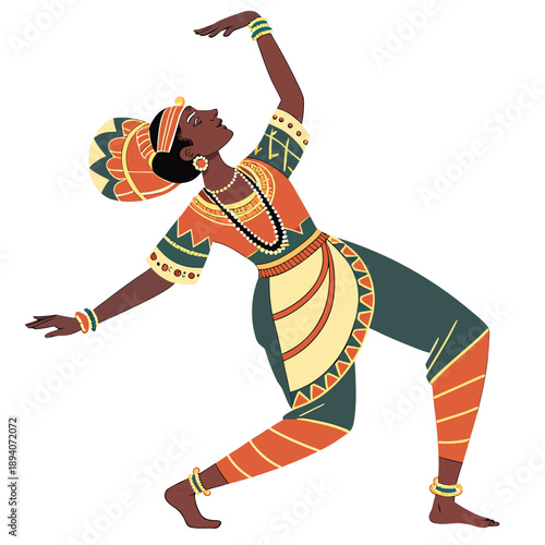 Traditional indian dancer in orange and green attire isolated on white