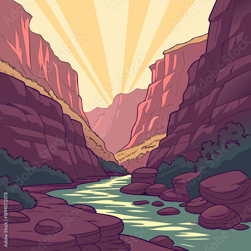 Digital Canyon Carved by Flowing Energy Streams, Abstract Sci-Fi Art