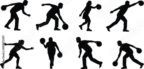Bowling player silhouette set illustrating athletes throwing bowling balls in dynamic poses for sport competition and recreation vector illustration