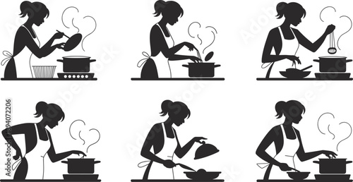 Black silhouette vector illustration set featuring a woman wearing an apron cooking stirring pots and preparing food for culinary arts domestic kitchen and restaurant branding