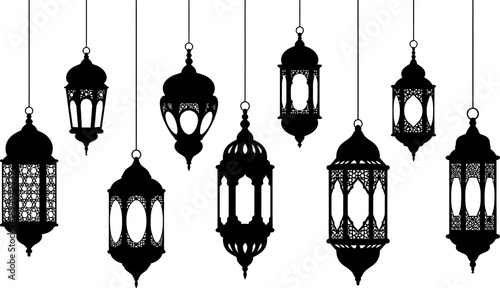 Collection of hanging lanterns with intricate designs on white background