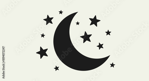 black crescent moon and stars on light beige background for graphic design