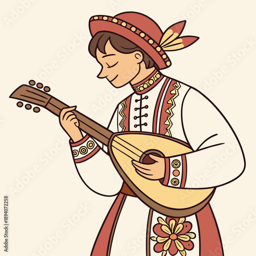 Traditional ukrainian musician playing lute in ethnic attire