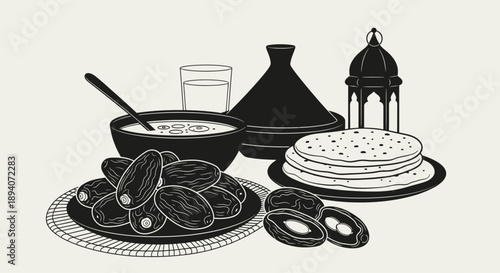 Traditional Moroccan food and drink arrangement with tagine bread dates and lantern
