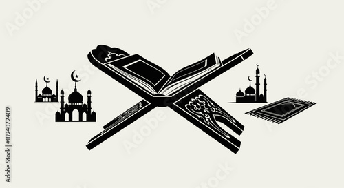 Islamic religious symbols including mosques and prayer mat with Quran  Muslim faith and worship concept
