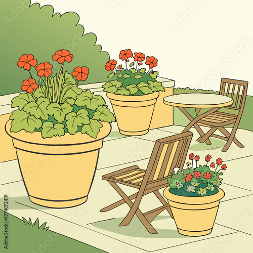 Inviting Flower Pots on a Sunny Patio with Summer Plants