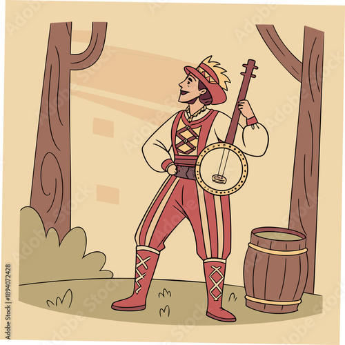 Traditional musician character standing confidently with banjo