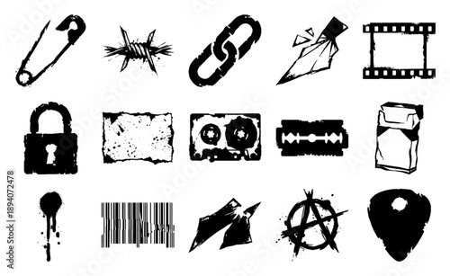 Grungy Distorted Punk Rock Graphic Element Kit for Underground Alt Culture and Streetwear Design