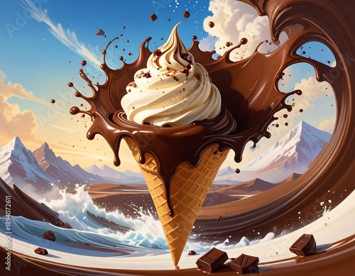 Delightful artwork features an ice cream cone with creamy swirls inside a chocolate wave, against a mountain backdrop
