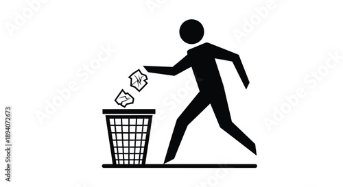 Silhouette of individual discarding waste paper into a grid-patterned trash can symbolizing recycling or decluttering