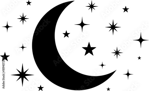 Crescent moon and stars in a night sky scene with celestial bodies