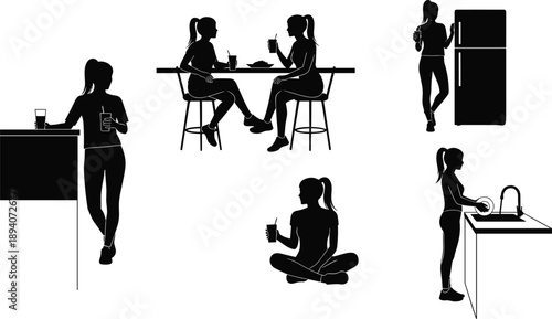 Black silhouette vector illustration set featuring young women drinking water eating and washing dishes for healthy lifestyle kitchen habits and domestic branding design