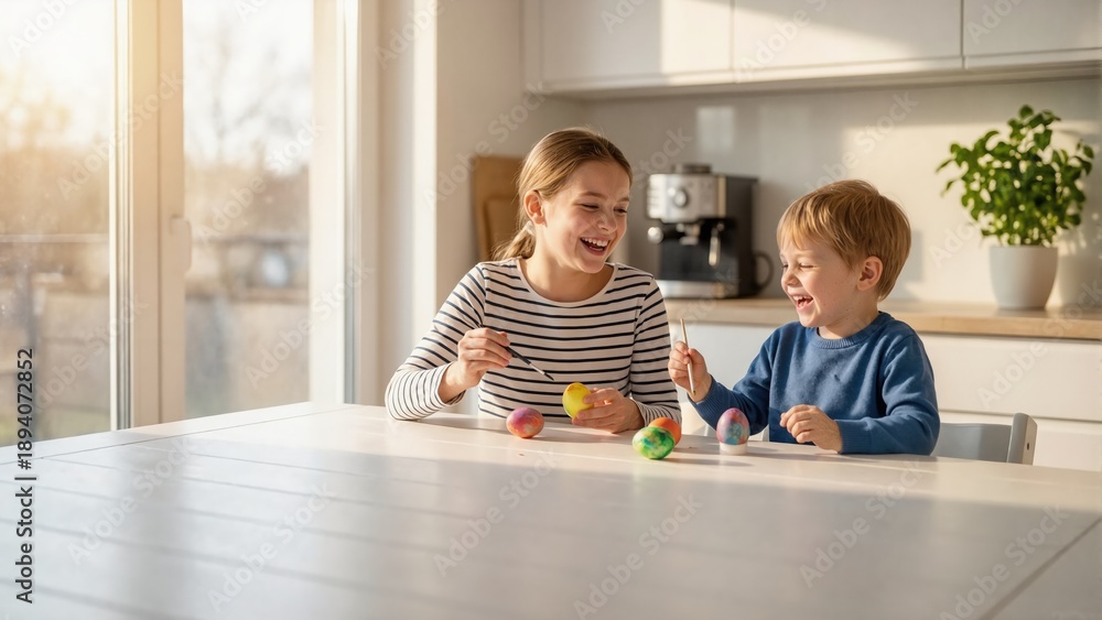 Fototapeta premium Two laughing children painting colorful Easter eggs at kitchen table. Happy siblings enjoying holiday traditions in sunlit home. Creative spring activity. Copy space for text