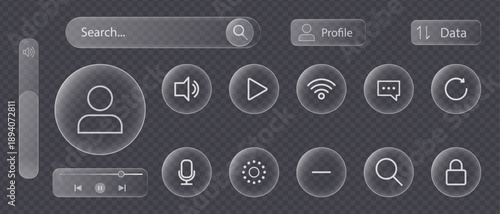 Glassmorphism user interface elements set with translucent glossy frosted style , frosted glass buttons with icons for multimedia search and profile, futuristic web interface collection with vector gr