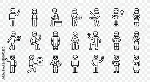Set of minimalist human silhouette icons illustrating diverse actions and professions in flat design style for web and graphic use