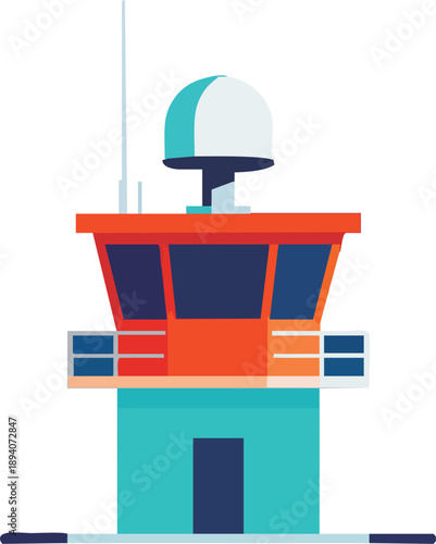 Minimalist Flat Design Air Traffic Control Tower with Radar Dome Illustration