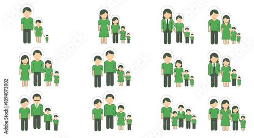 Flat design illustration of multi-generational family trees showing grandparents, parents, and children in green attire with simple human icons