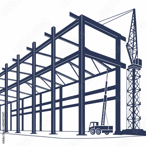 Industrial Construction Site with Steel Beams - White Line Art Vector