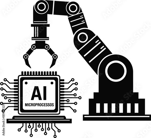 Industrial robot arm assembling AI microprocessor electronics vector illustration