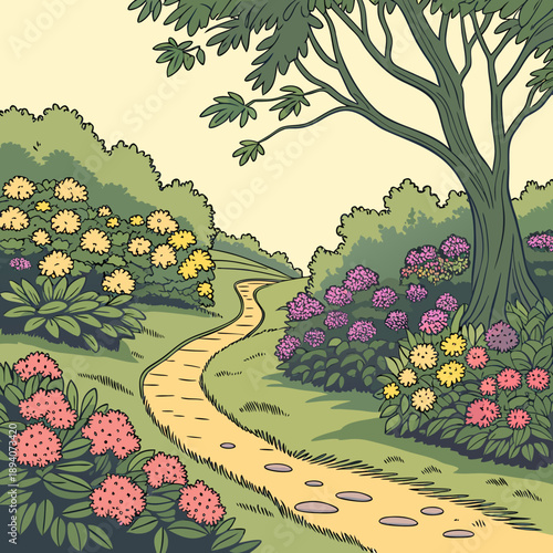 Lush Garden Path with Vibrant Flowers Outline Illustration