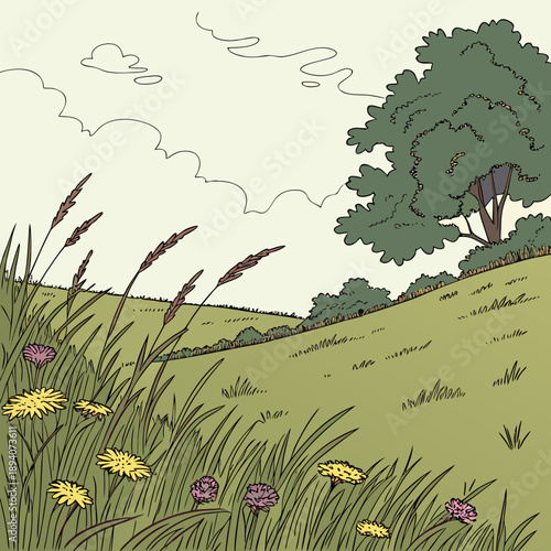 Open Meadow Landscape with Light Breeze Movement Lines