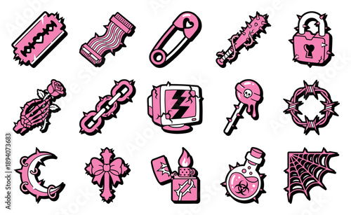Pink Punk Coquette Aesthetic Asset Sheet for Grunge Core and Edgy Softcore Graphic Design