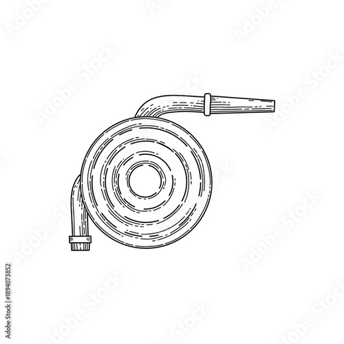 Complex drawing with hatching of fire hose, fire hose coiled, drawn icon. Vector sketch iillustration