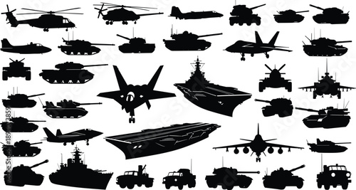 Military vehicle silhouette collection featuring tanks, helicopters, fighter jets, warships, and armored transport units in black vector illustration set