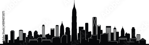 Modern city skyline silhouette illustration featuring urban skyscrapers and downtown architecture panorama isolated on white background vector cityscape design concept