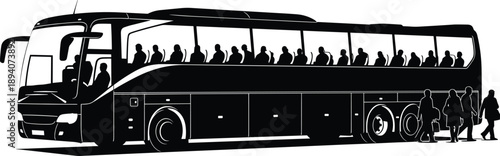 Modern passenger bus silhouette illustration showing crowded coach with travelers boarding for public transport, tourism travel, and urban commuting concept