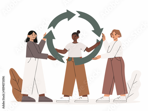 Diverse group of people supporting a circular recycling arrow symbol