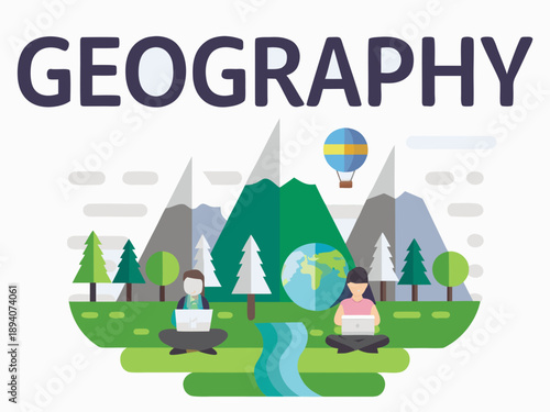 Illustration depicting geography with mountains trees and people using laptops