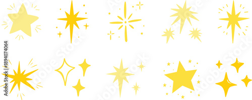 Set of cartoon cute shiny shimmering golden yellow star for sparkling decoration and design