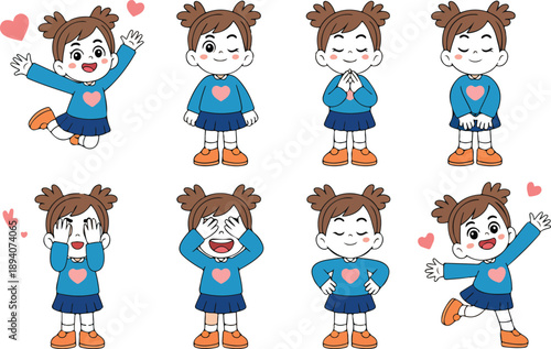 Cute Cartoon Girl Character Set  Eight Happy Emotions and Poses