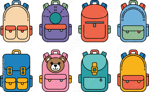 Colorful Backpack Vector Set  School Bags and Kids Cartoon Rucksacks
