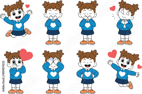 Cute Cartoon Girl Character Set  Eight Happy Emotions and Poses