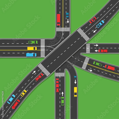 Aerial View of Busy Highway Interchange with Flowing Traffic
